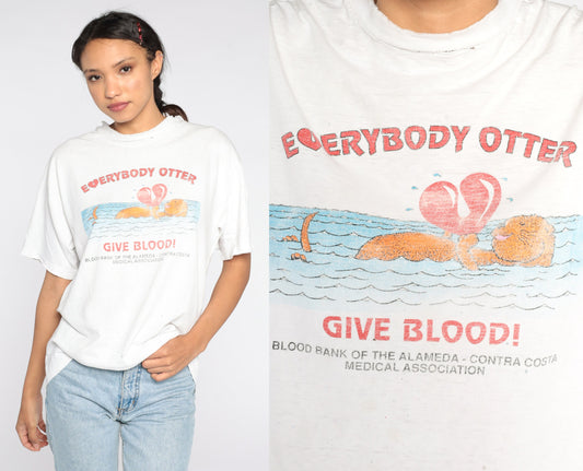 80s Give Blood Otter Pun Graphic T-Shirt Distressed Cotton Medium
