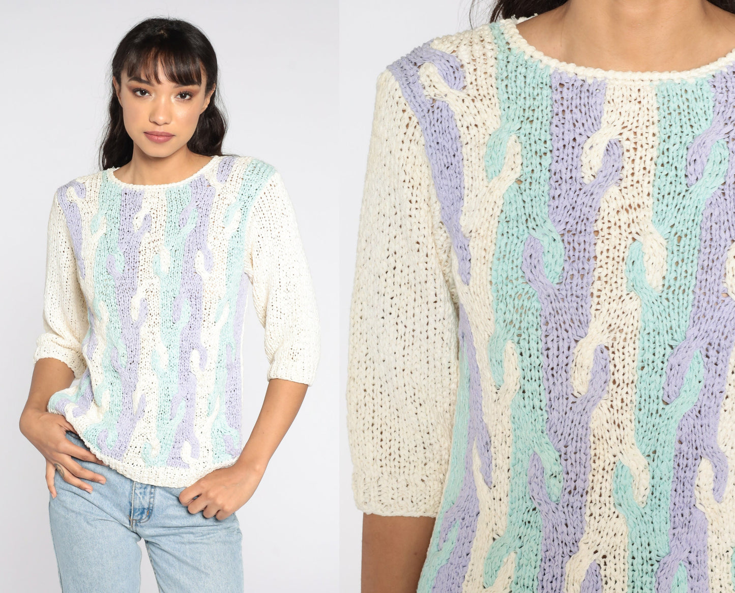 80s Pastel Abstract Cable Knit Sweater Blue Purple 3/4 Sleeve Medium