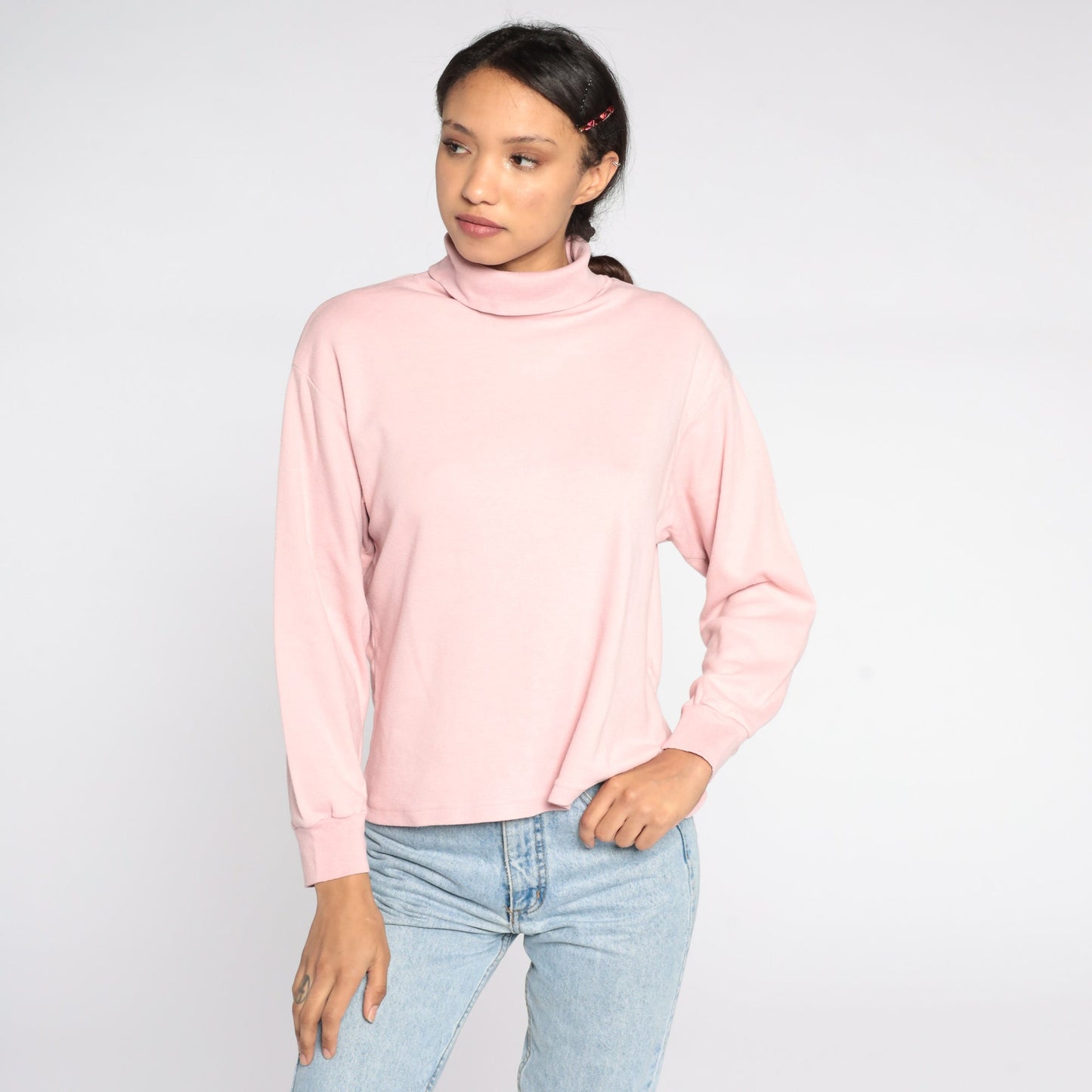 80s Baby Pink Turtleneck Long Sleeve Shirt Cotton Blend Large L