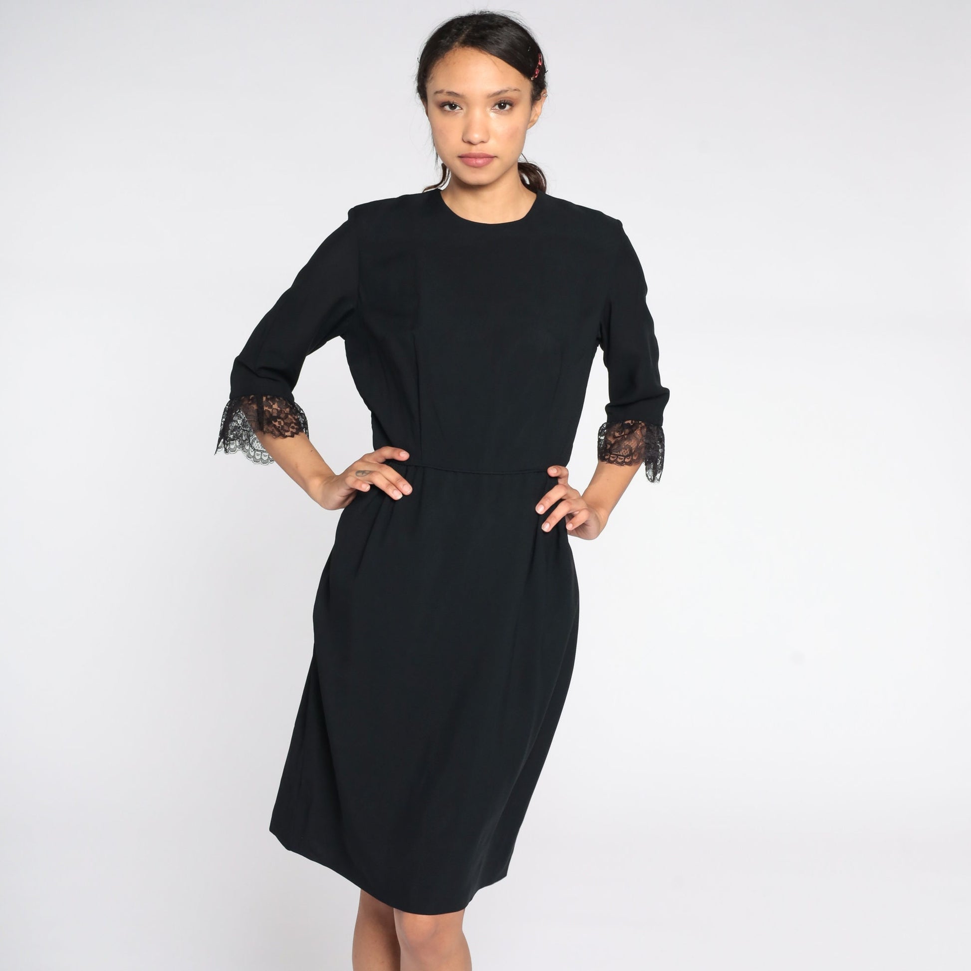 1960s Black Lace Sheath Dress High Waist Tea Length Small