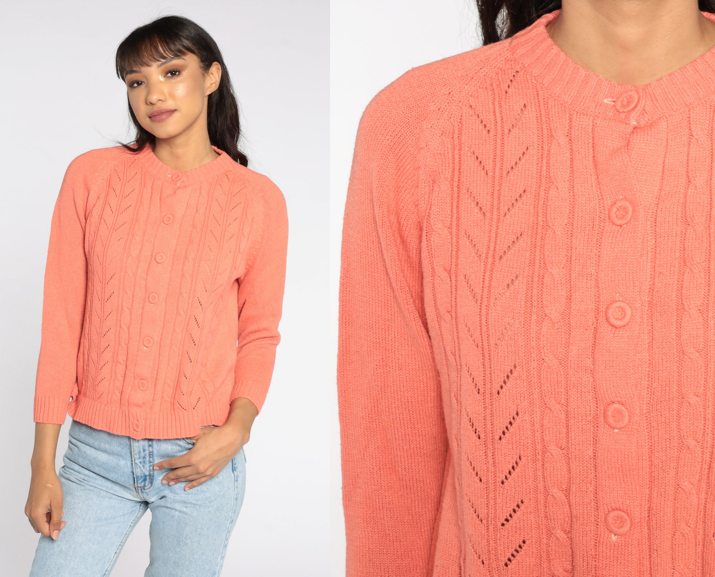 70s Salmon Pink Cable Knit Cardigan Button Up Sweater Small