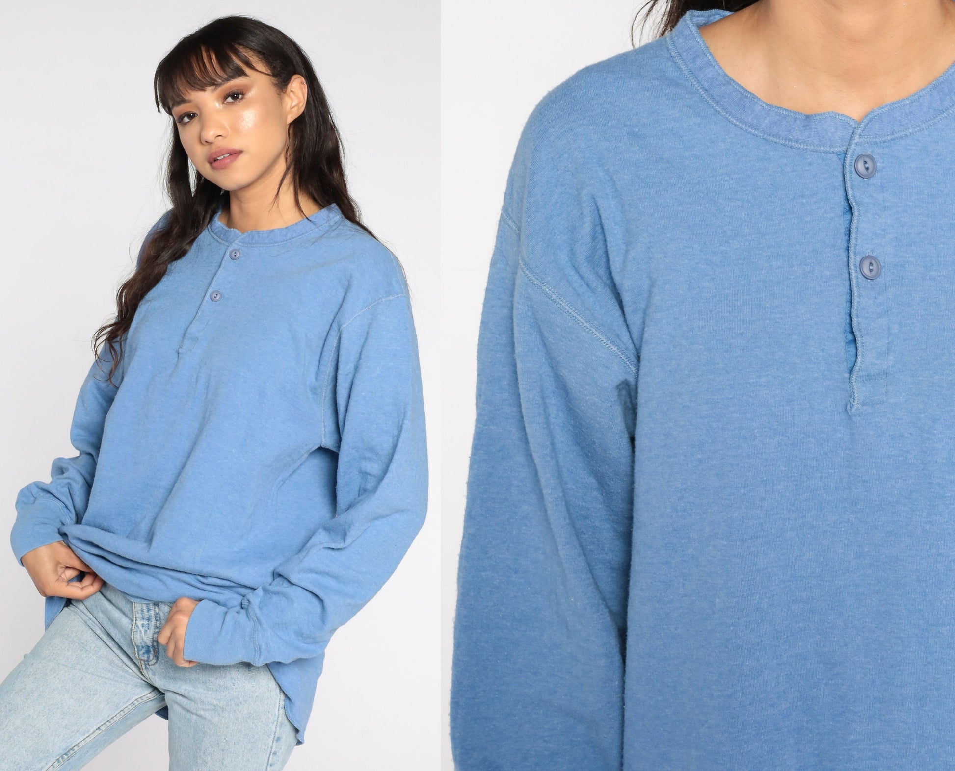 90s LL Bean Blue Wool Henley Shirt Long Sleeve Men's Extra Large Tall