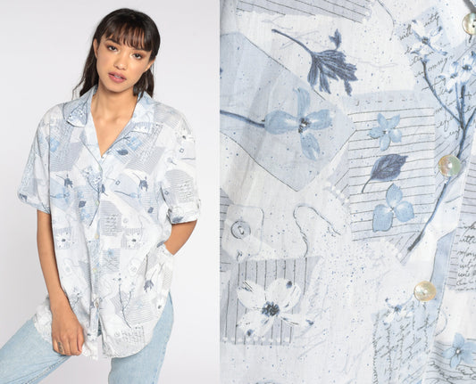 90s Floral Button Up Shirt Plus Size White Blue Short Sleeve Blouse XXL