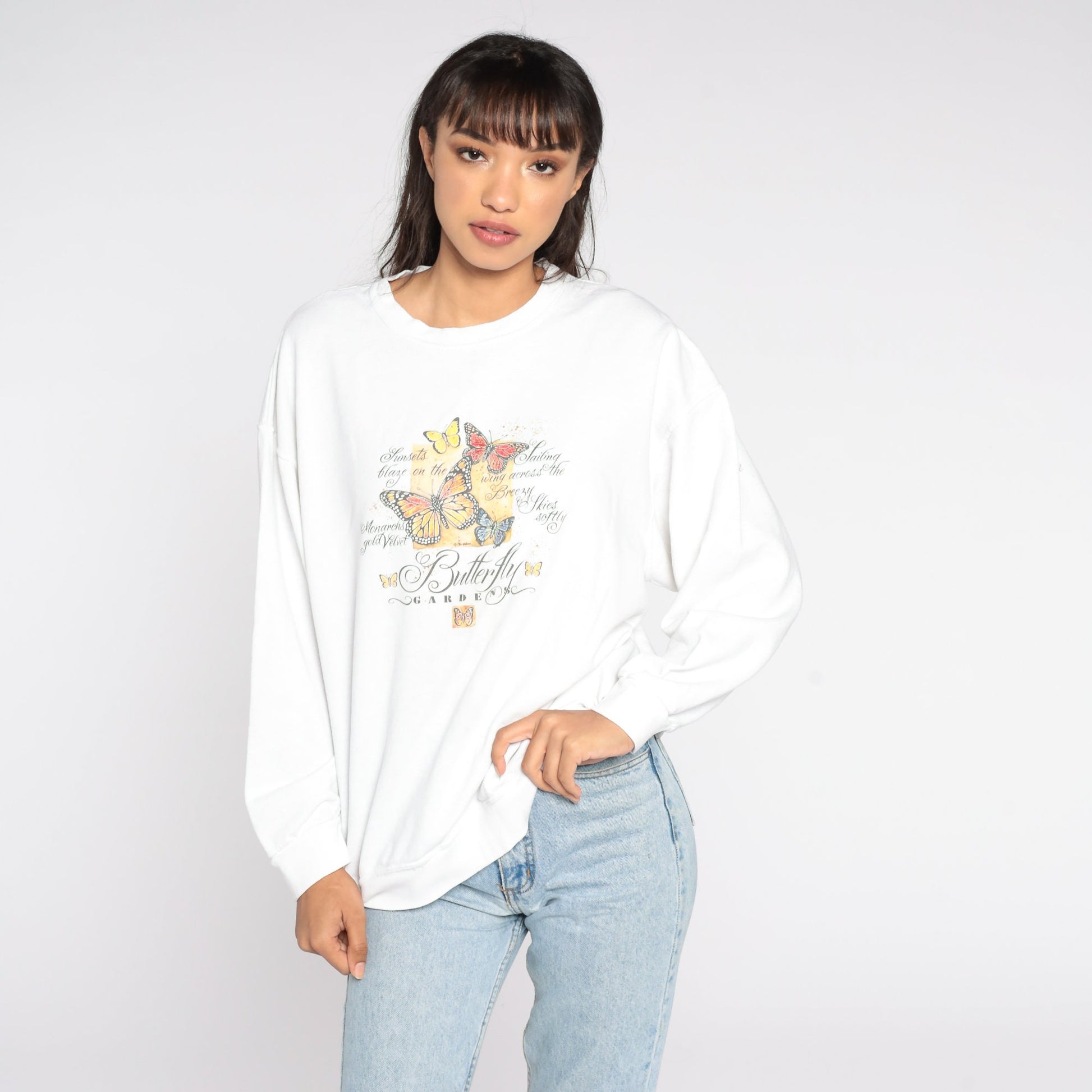 90s Butterfly Gardens Graphic Sweatshirt White Crewneck Extra Large XL