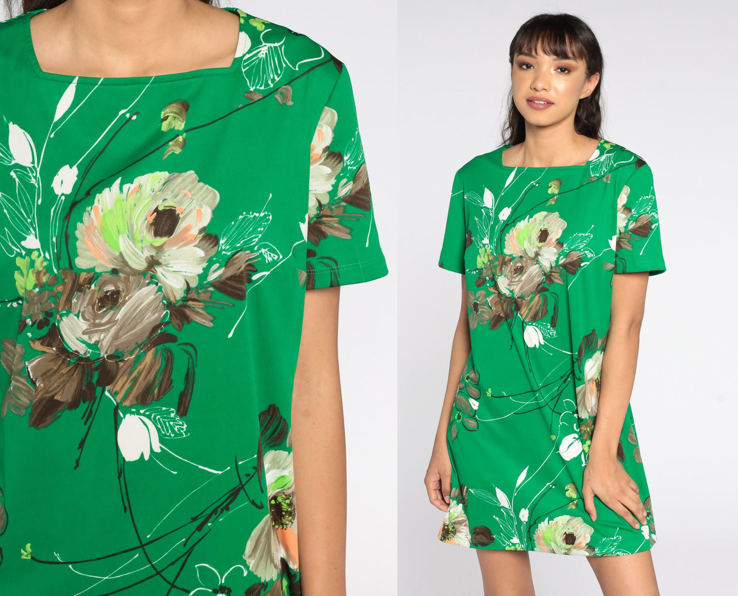 60s Mod Mini Shift Dress Green Floral Print Short Sleeve Medium Large