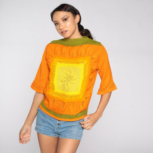 70s Wool Bell Sleeve Sweater Yellow Orange Colourblock Knit Medium