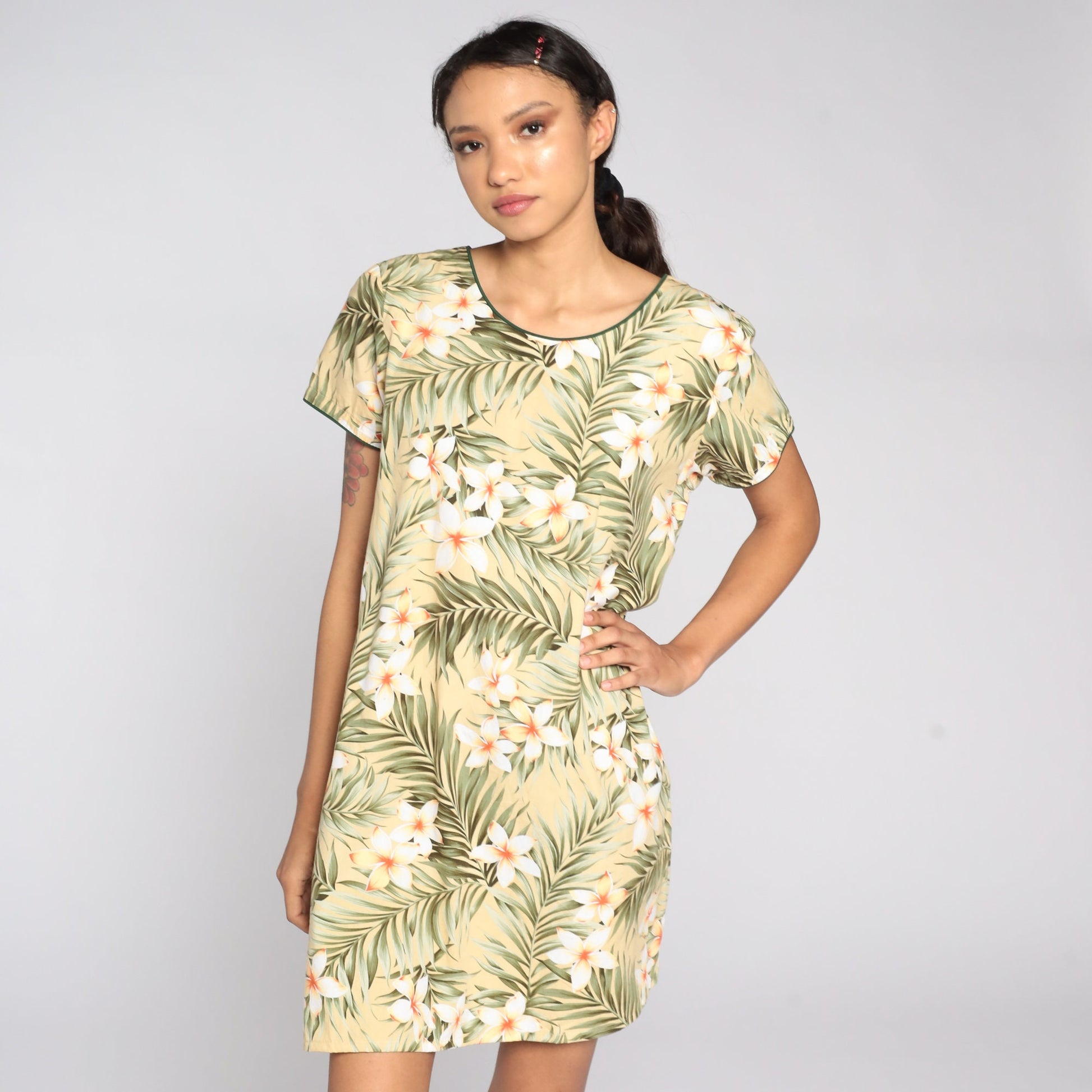 90s Tropical Floral Mini Dress Yellow Cotton Shift – Shopexile