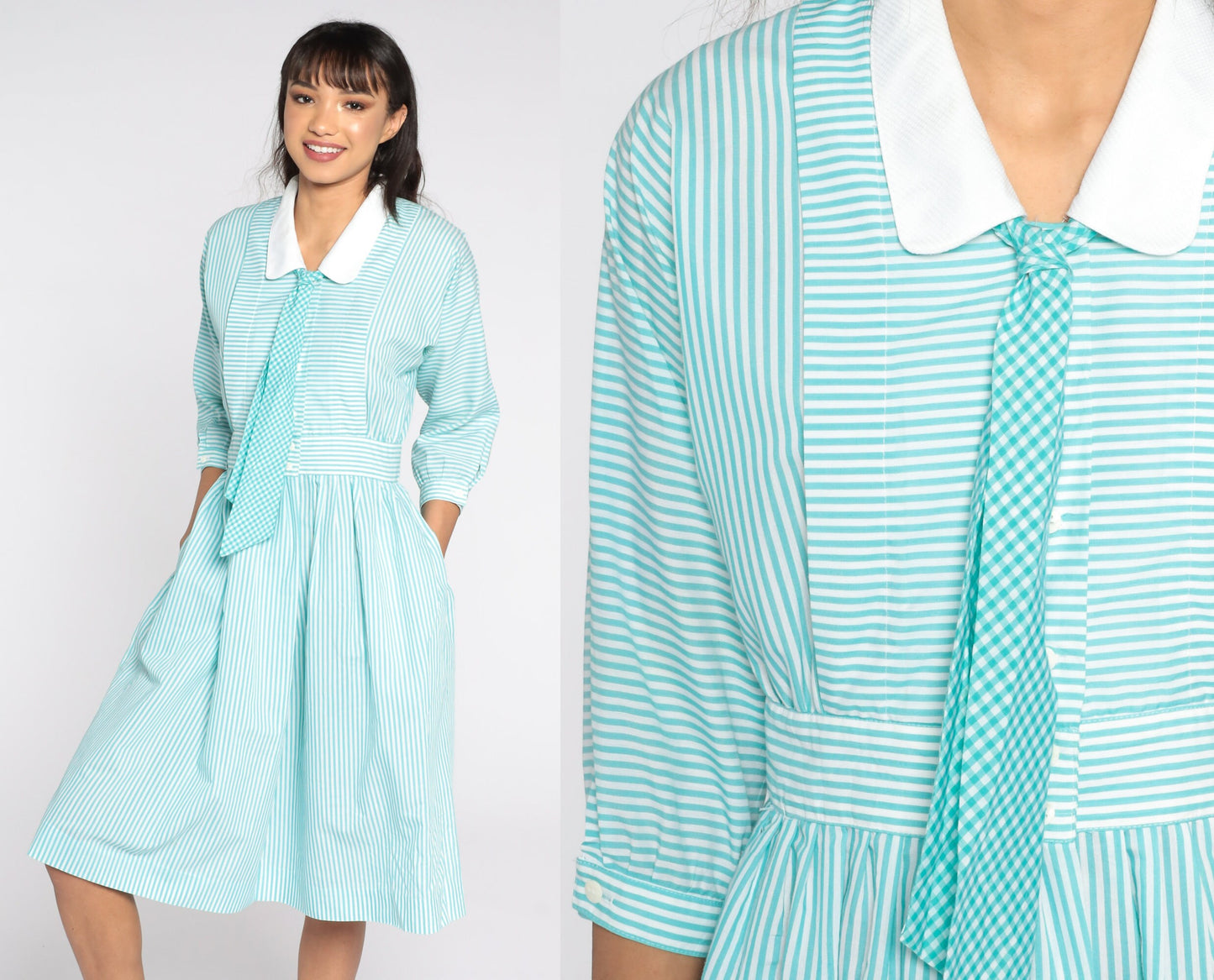 80s Blue Striped Midi Dress Ascot Necktie Peter Pan Collar High Waist Small