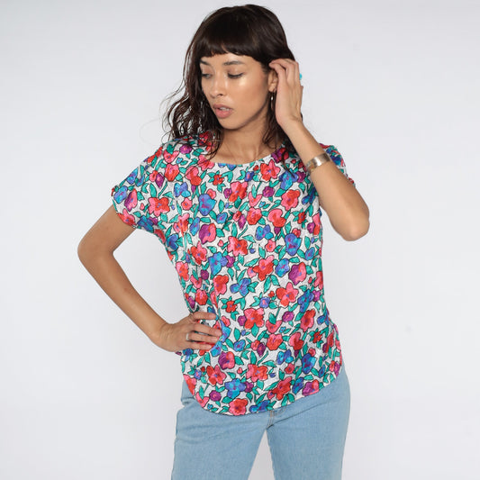 80s Floral Cap Sleeve Blouse White Green Pink Flower Print Small