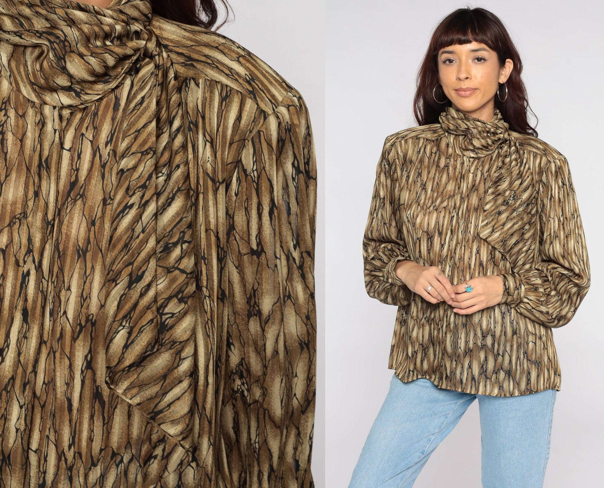 80s Striped Ascot Blouse Brown Long Sleeve Scarf Neck Top Large