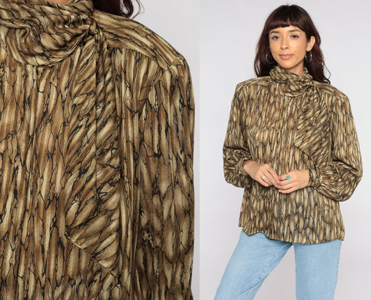 80s Striped Ascot Blouse Brown Long Sleeve Scarf Neck Top Large