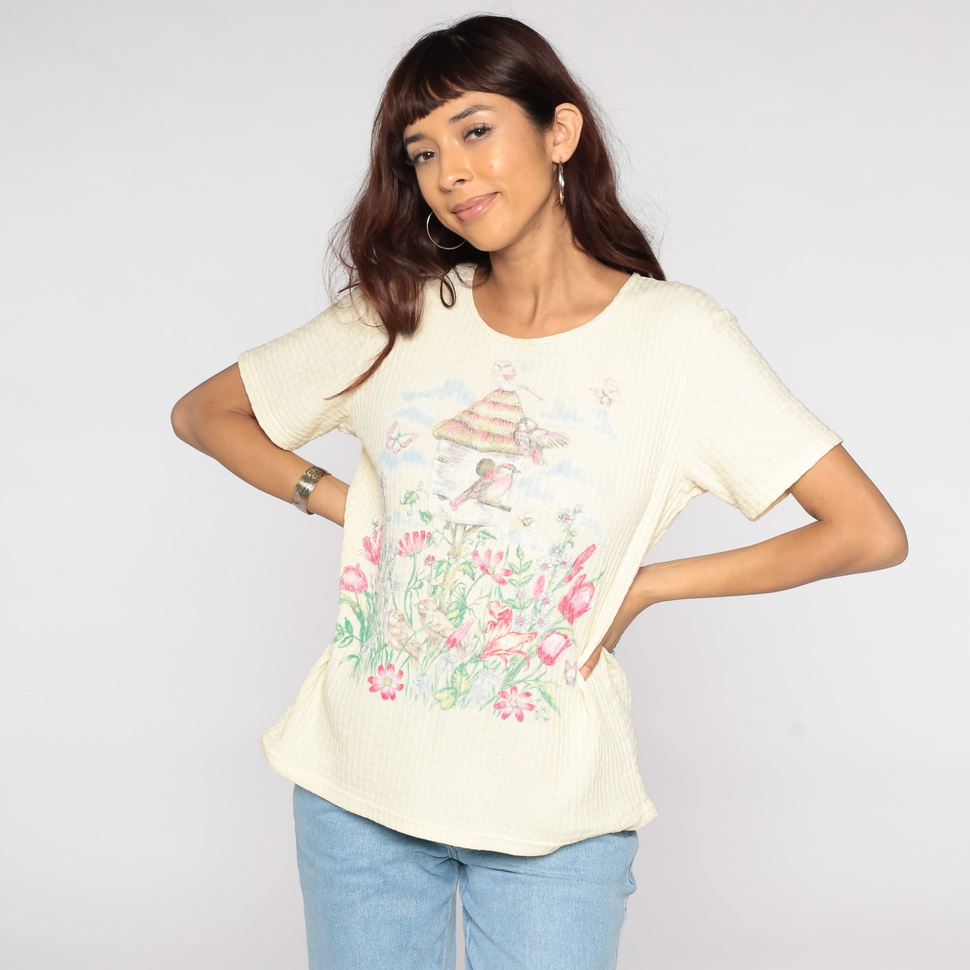90s Yellow Floral Bird Graphic T-Shirt Ribbed Knit Small S