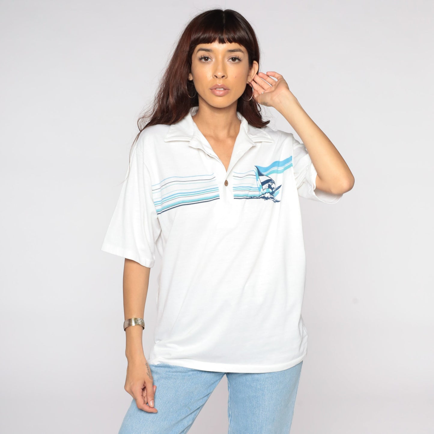 80s Windsurfing Polo Shirt Button Up Tropical Print White Medium Large