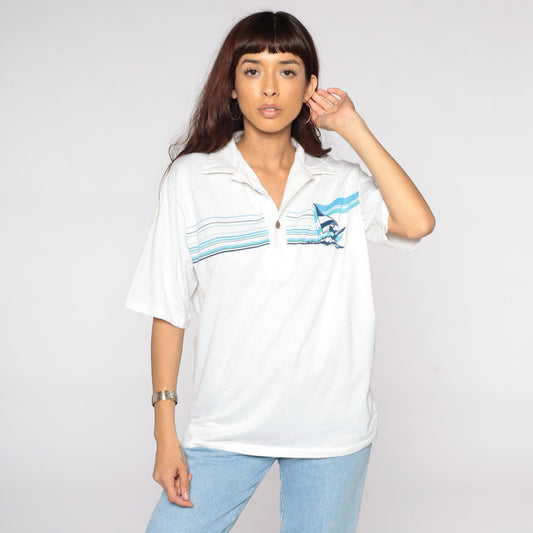 80s Windsurfing Polo Shirt Button Up Tropical Print White Medium Large
