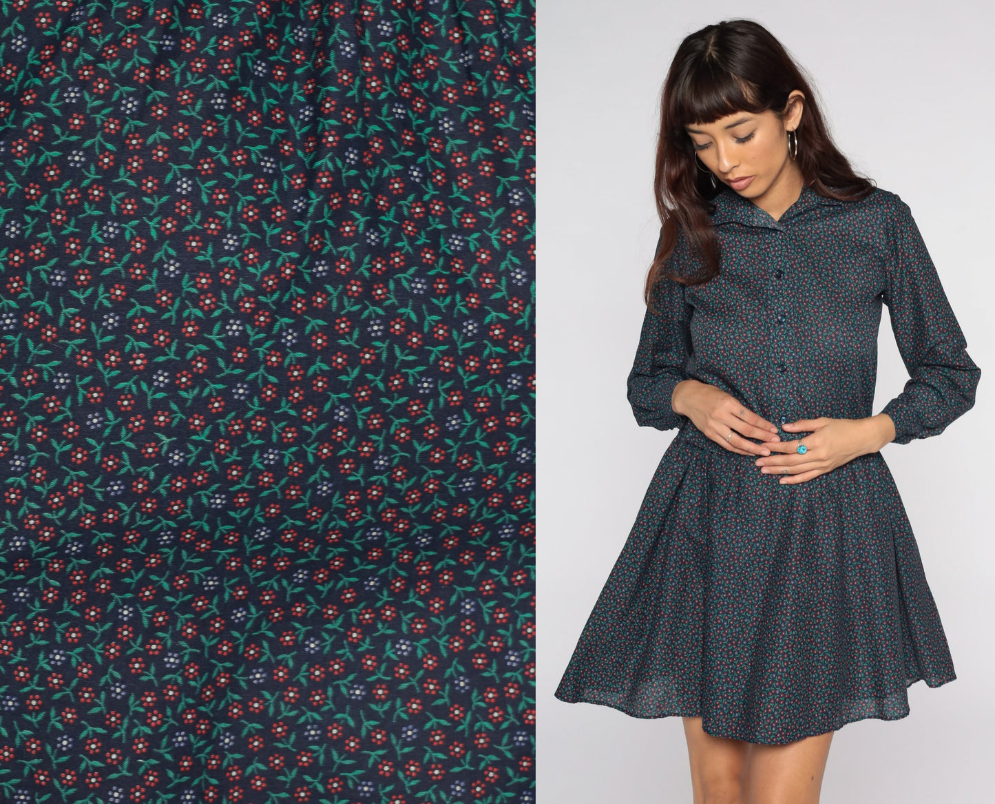 80s Blue Floral Mini Dress Long Sleeve Button Front Low Waist Small