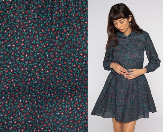 80s Blue Floral Mini Dress Long Sleeve Button Front Low Waist Small
