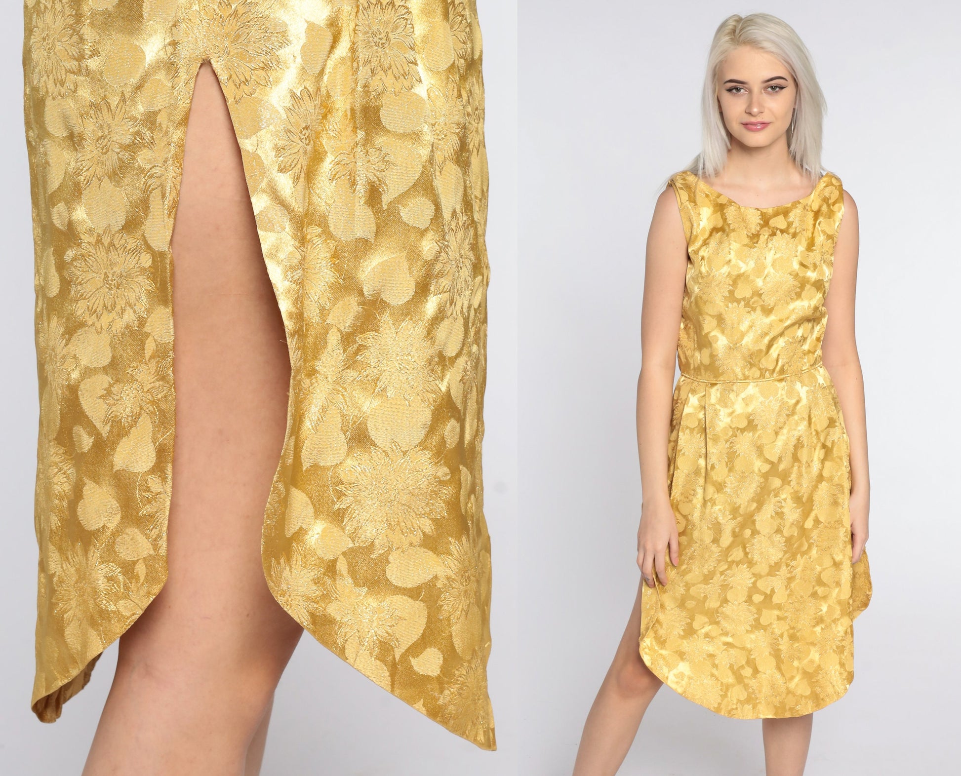 1960s Gold Floral Brocade Sleeveless Cocktail Dress High Slit Small