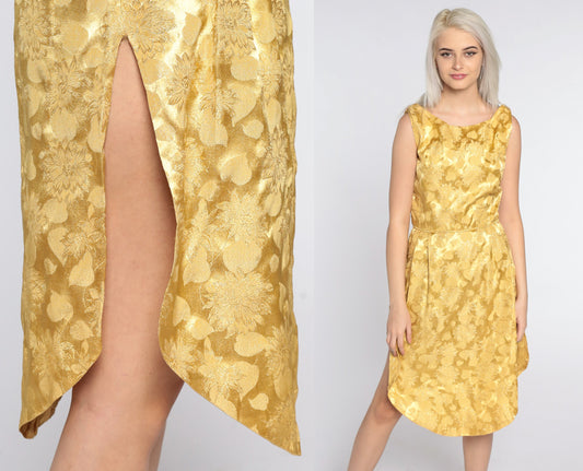 1960s Gold Floral Brocade Sleeveless Cocktail Dress High Slit Small