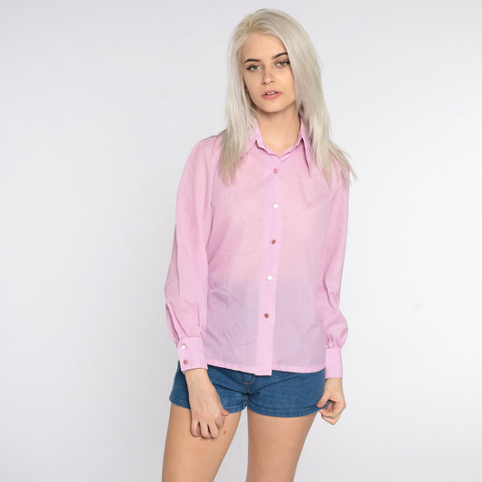 70s Lavender Dagger Collar Button-Up Shirt Long Sleeve Medium