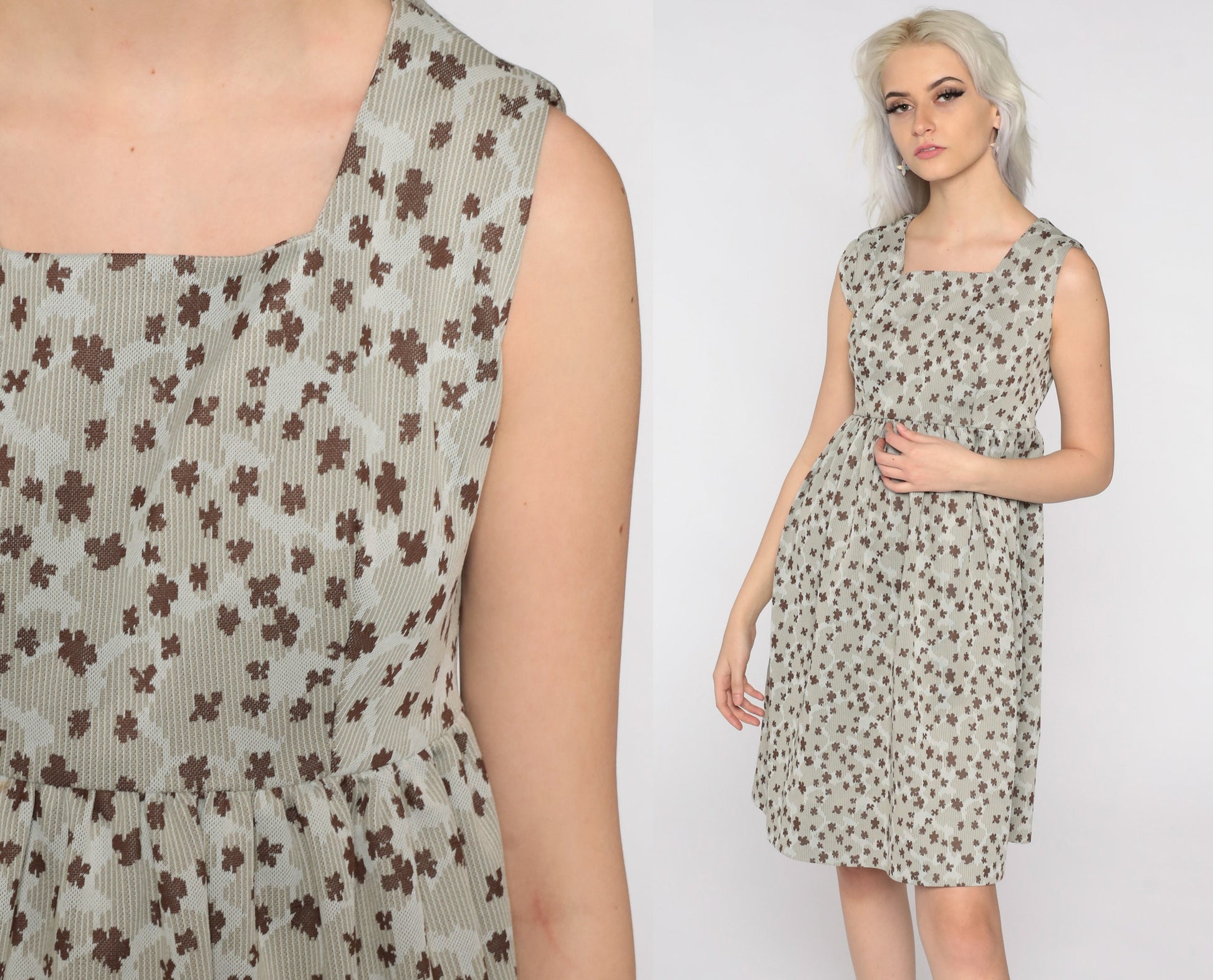 70s Taupe Floral Mini Dress Empire Waist Sleeveless Small
