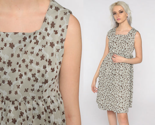 70s Taupe Floral Mini Dress Empire Waist Sleeveless Small