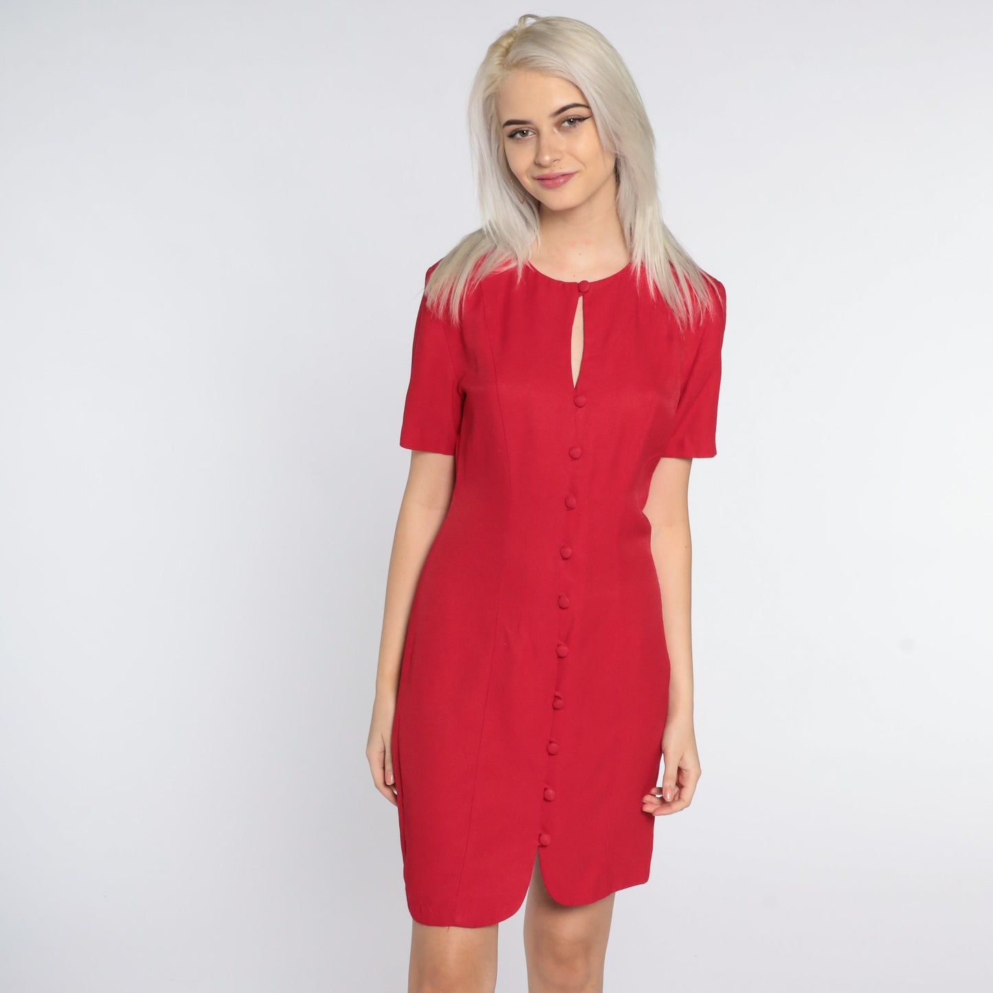 90s Red Mini Shift Dress Button Front Keyhole Short Sleeve Small