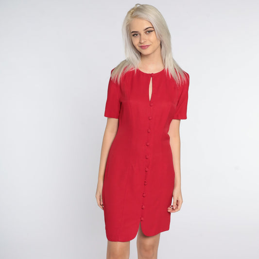 90s Red Mini Shift Dress Button Front Keyhole Short Sleeve Small