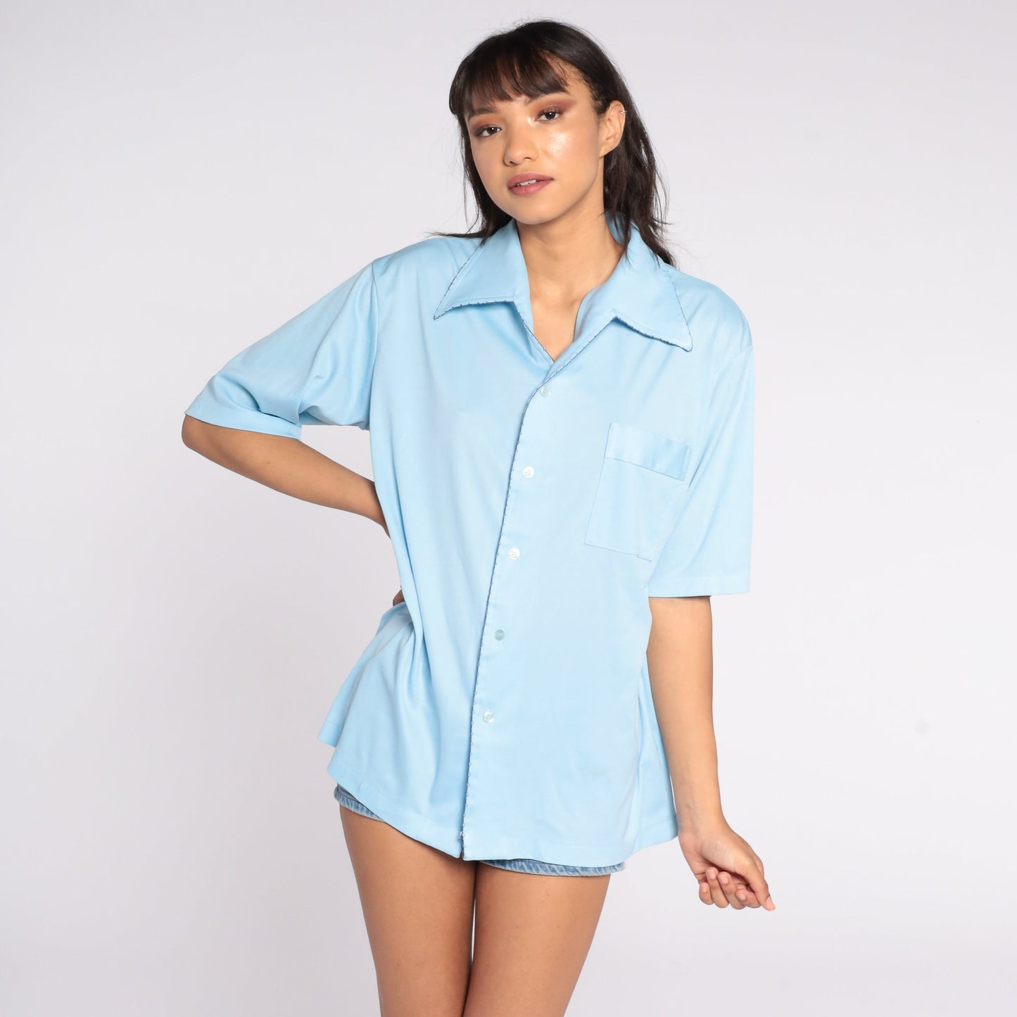 70s Baby Blue Button-Up Shirt Pointed Collar Short Sleeve Men's Large