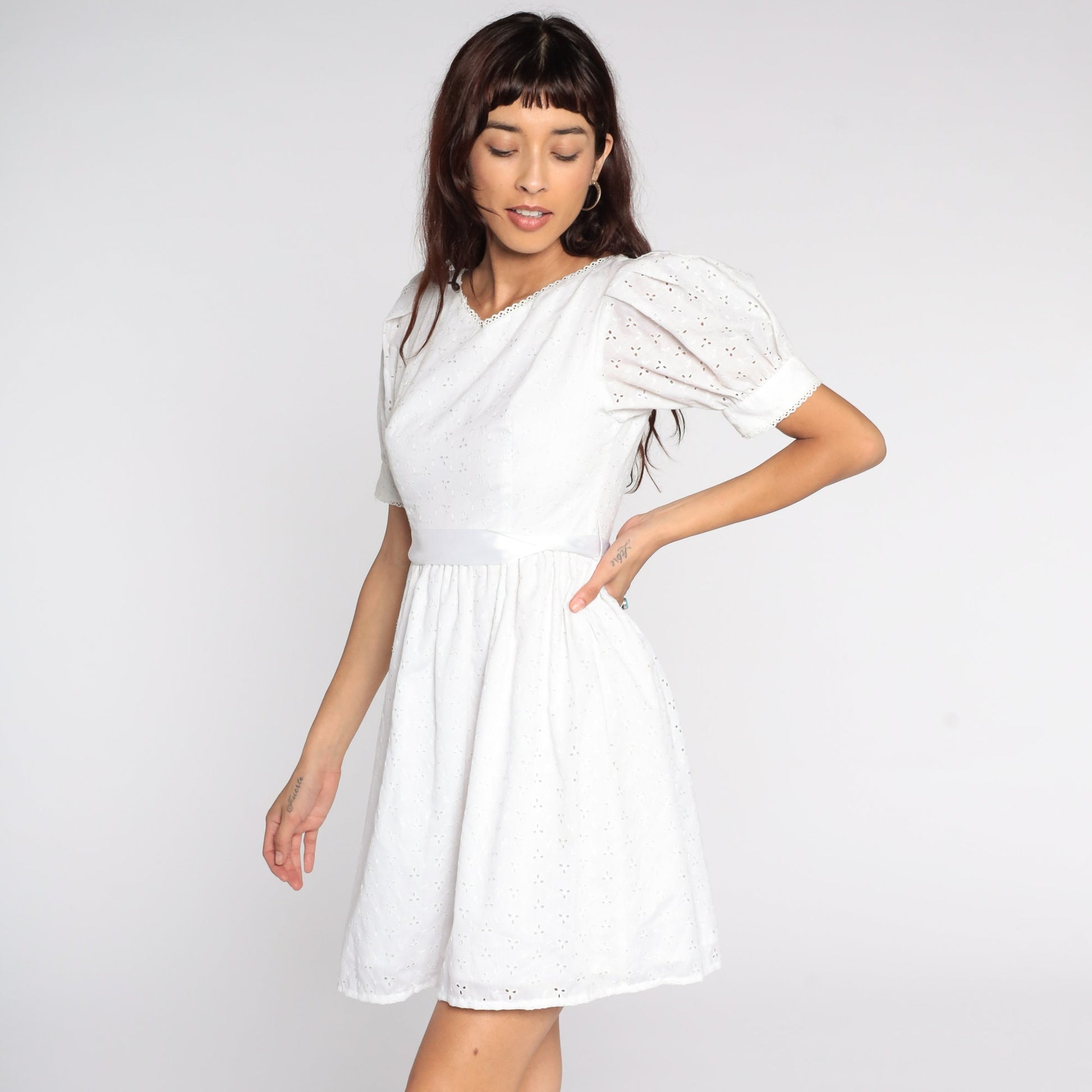 80s Lanz White Eyelet Midi Dress Puff Sleeve High Waist Extra Small