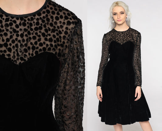 80s Black Velvet Party Dress Illusion Neckline Midi Long Sleeve Small 4