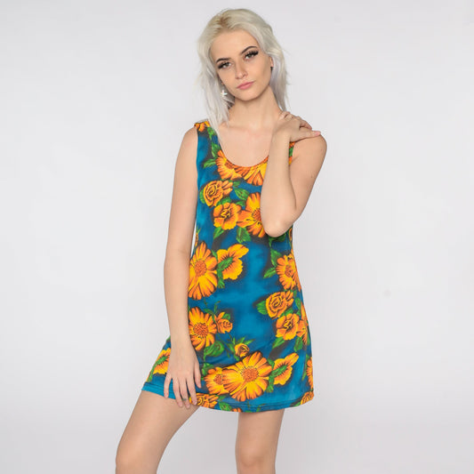 90s Floral Bodycon Mini Dress Blue Yellow Sleeveless Small Medium