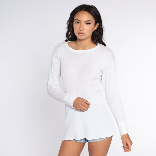 80s White Thermal Waffle Knit Long Sleeve Undershirt Medium