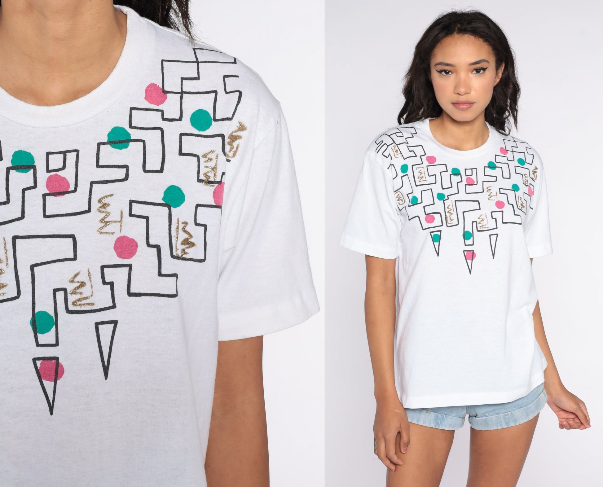 90s Geometric Glitter T-Shirt White Gold Paint Graphic Tee Medium