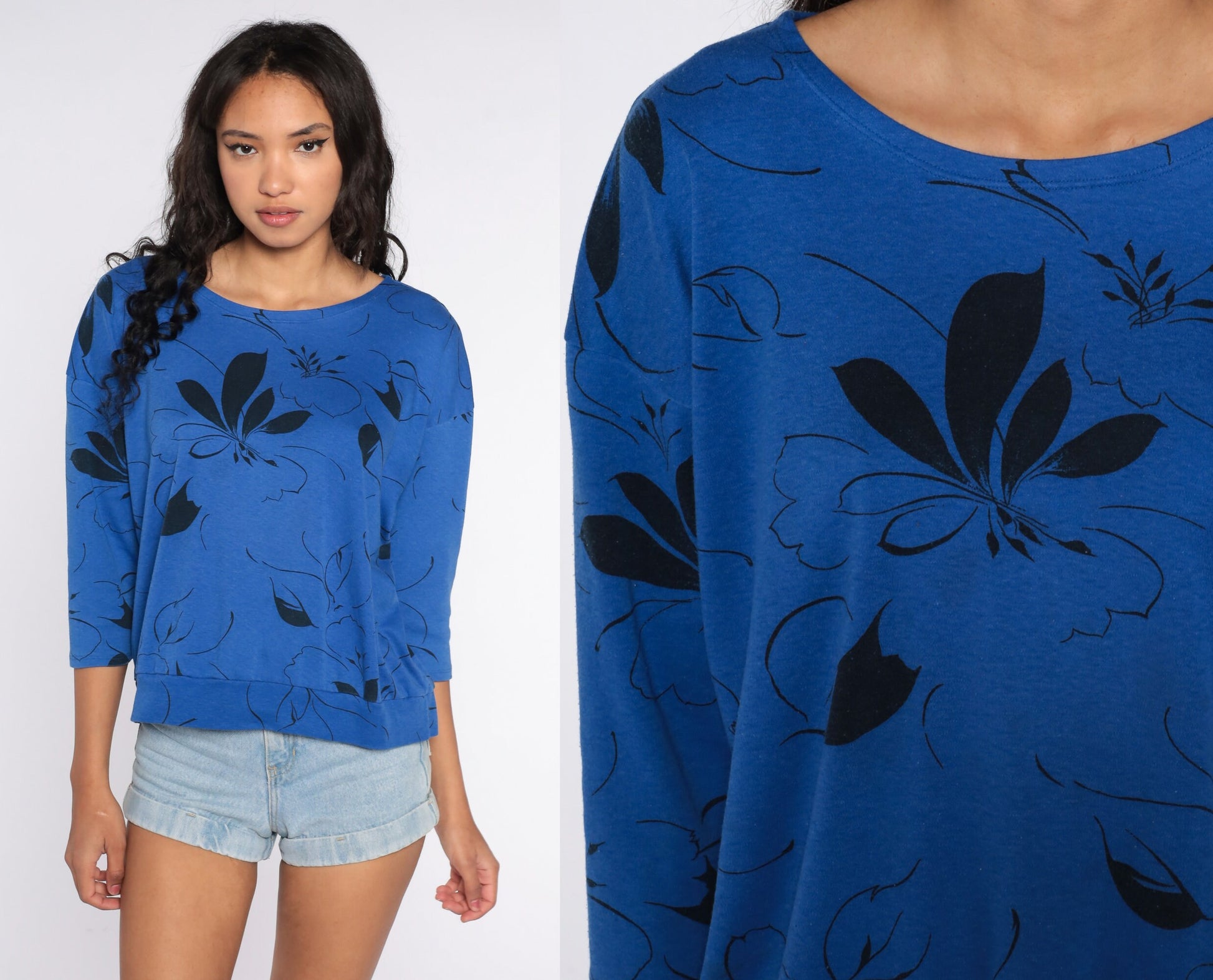 80s Floral Dolman Sleeve Blouse Blue 3/4 Shirt Large