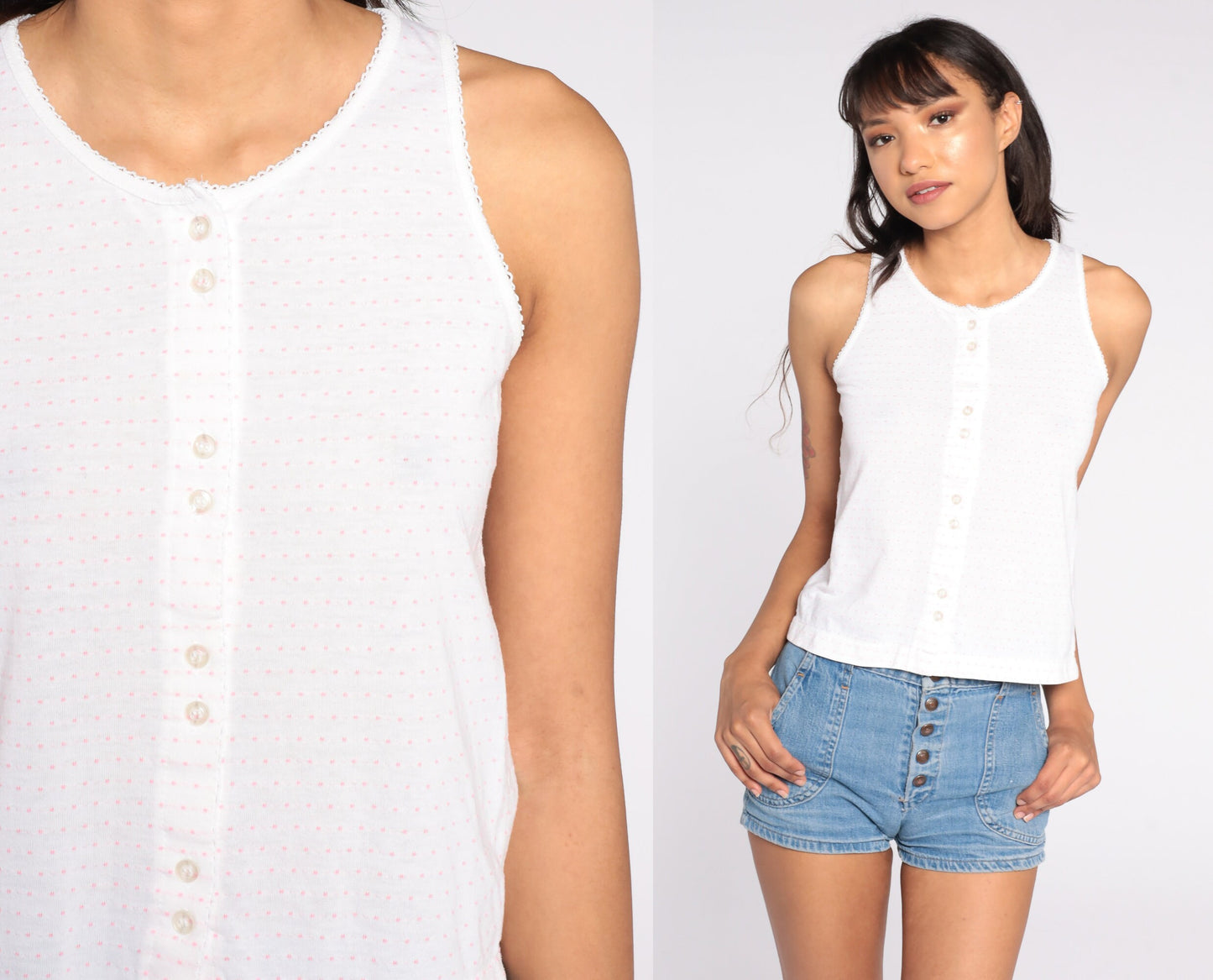 80s White Polka Dot Tank Top Button Front Cotton Sleeveless Small