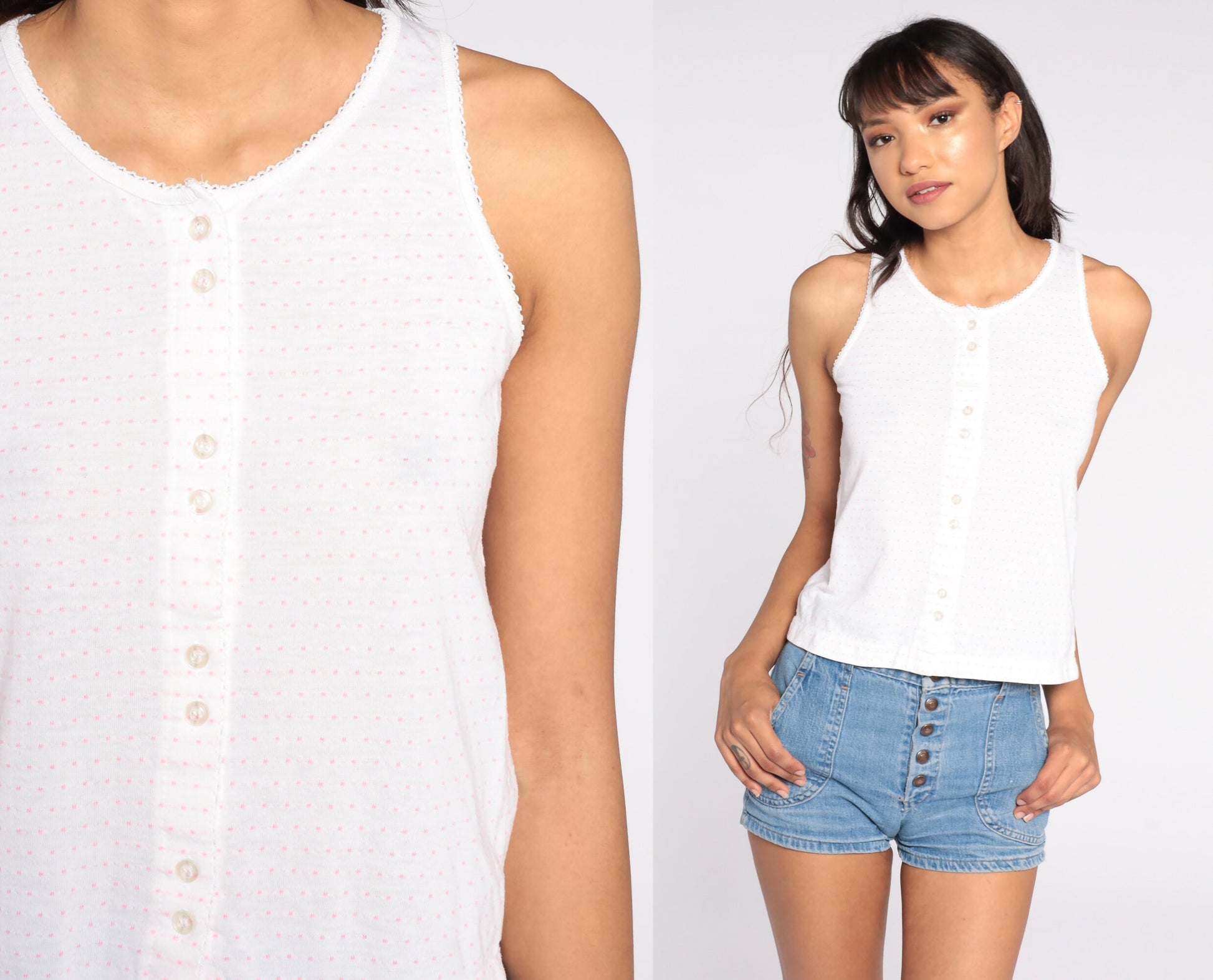 80s White Polka Dot Tank Top Button Front Cotton Sleeveless Small