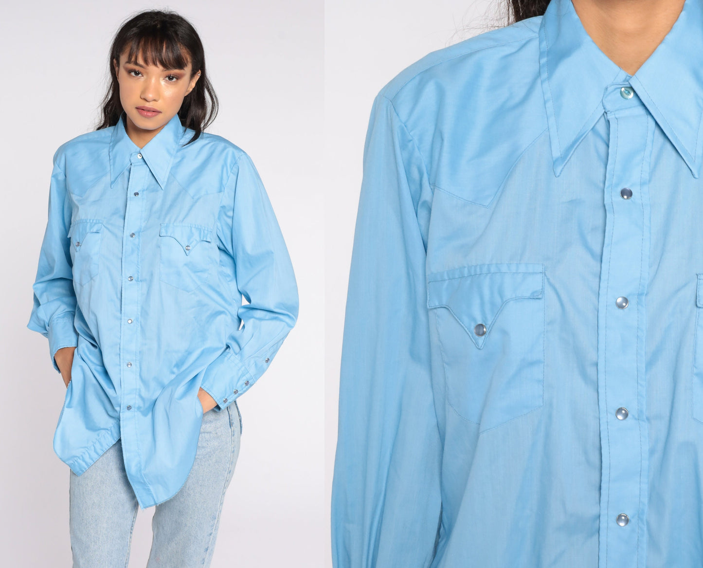 70s Blue Western Button-Up Shirt Long Sleeve Cotton Blend Medium