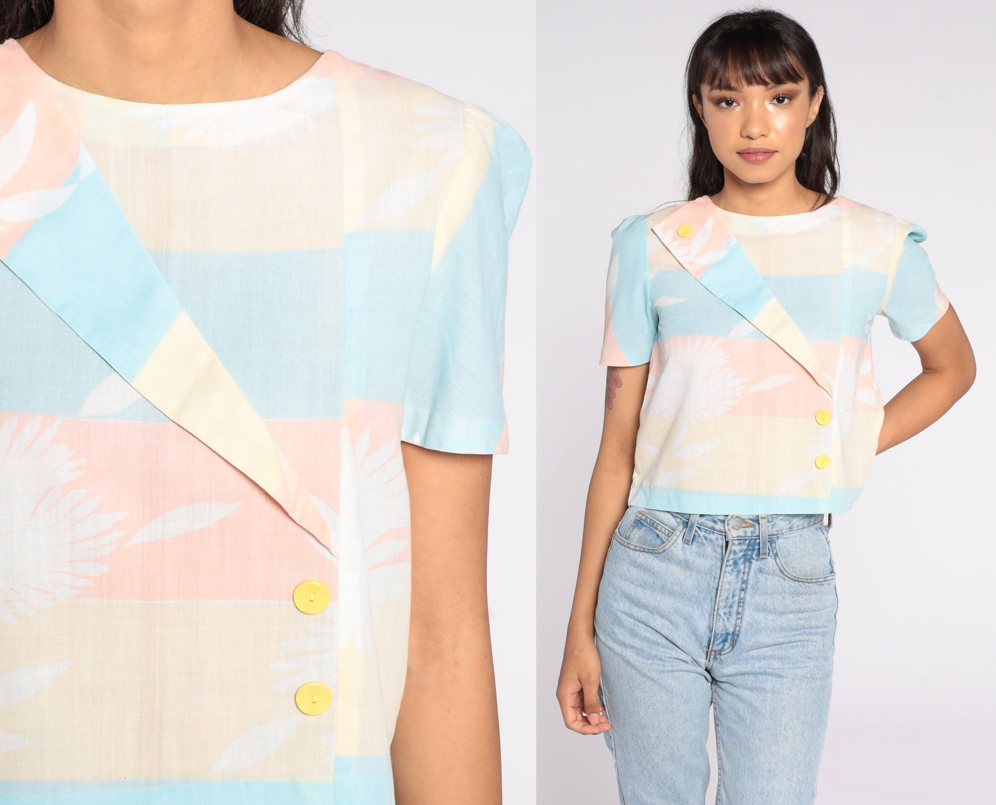 80s Pastel Floral Crop Top Puff Sleeve Blouse Yellow Peach Small