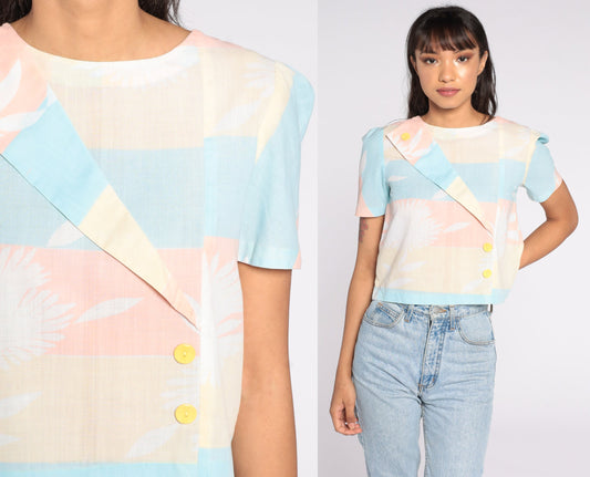 80s Pastel Floral Crop Top Puff Sleeve Blouse Yellow Peach Small