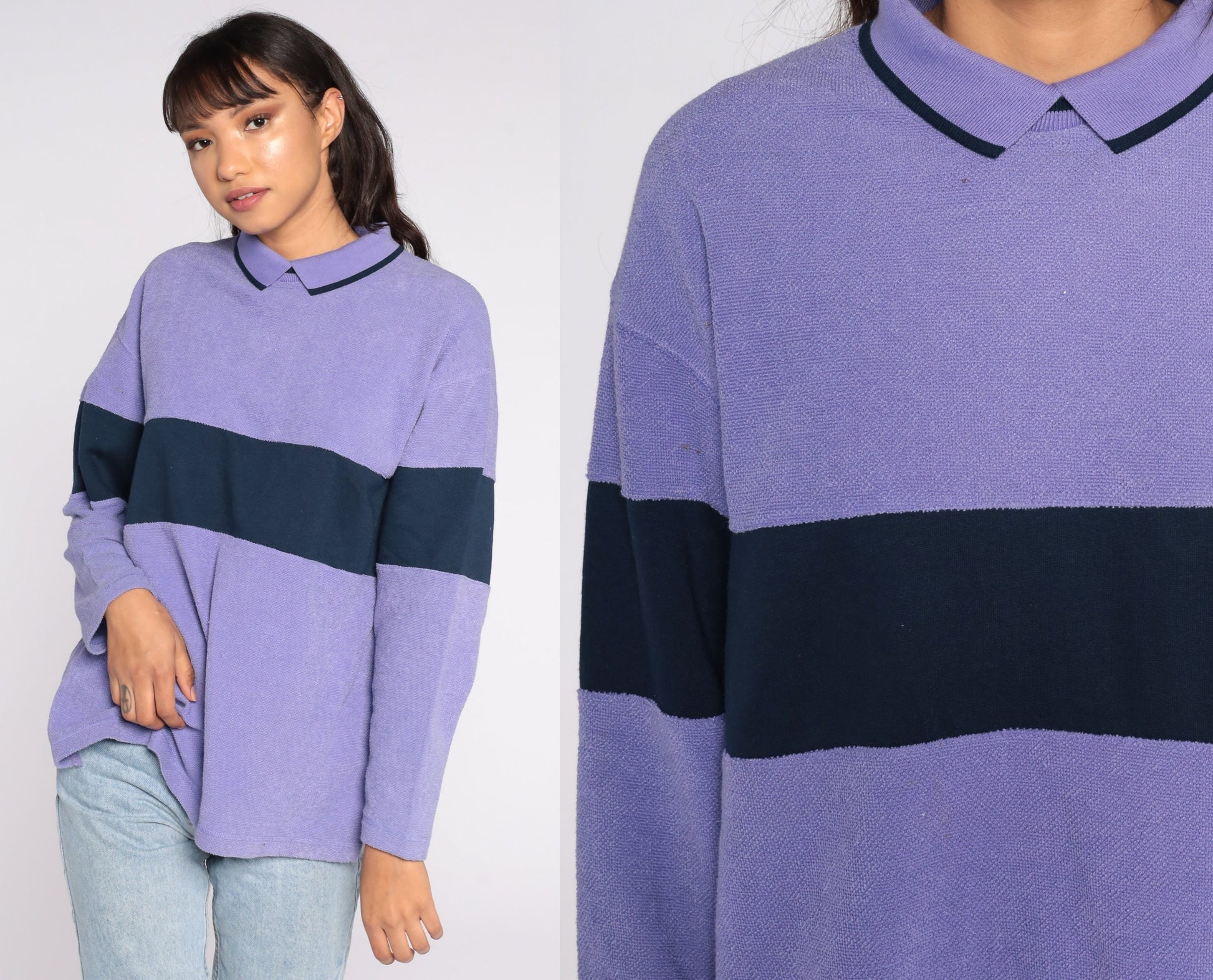 80s Purple Navy Striped Sweatshirt Collared Pullover Petite Medium