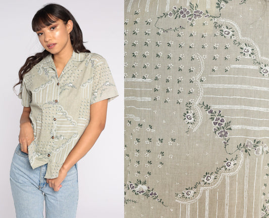 80s Taupe Floral Button-Up Blouse Short Sleeve Petite Small