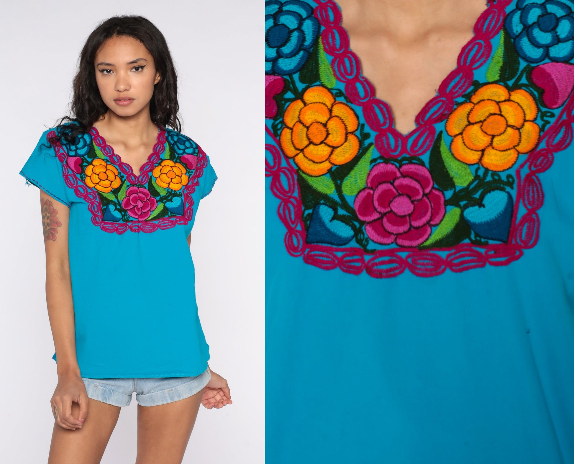 90s Mexican Embroidered Floral Blouse Tunic White Cotton Large