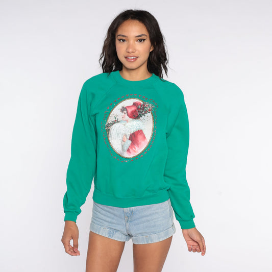 80s Christmas Sweater Woman Raglan Glitter Green Knit Extra Small XS