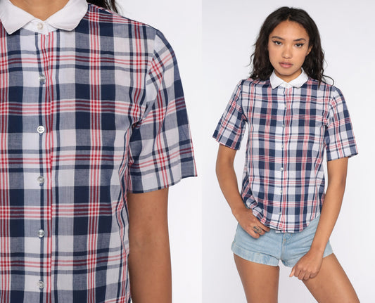 80s Blue Plaid Button-Up Shirt Short Sleeve Checkered Cotton Blouse Small S