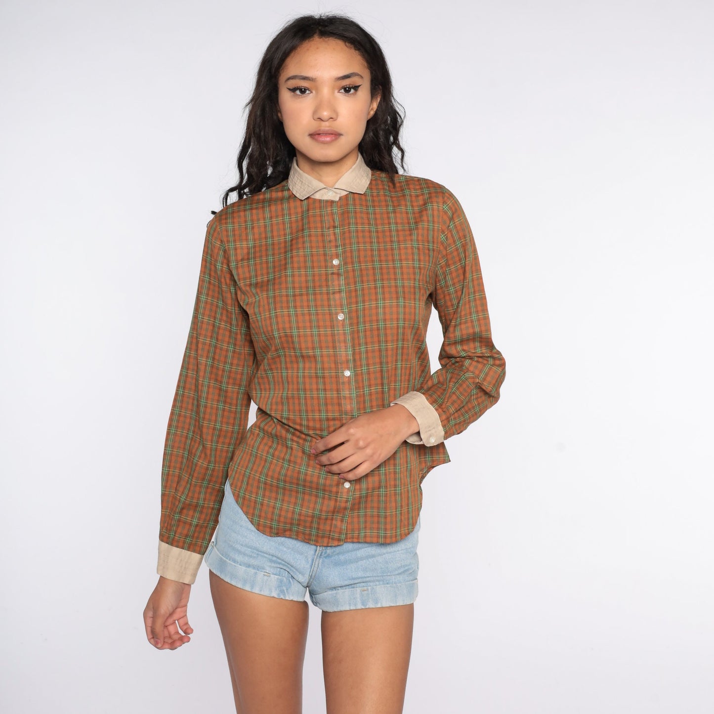 80s Brown Plaid Button-Up Blouse Long Sleeve Chest Pocket Medium