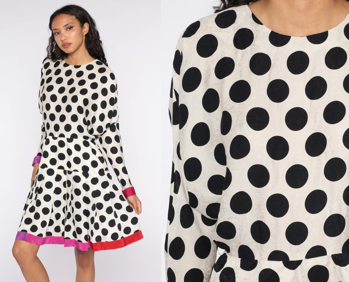 90s Polka Dot Silk Midi Dress Dolman Sleeve Pleated Black White Small