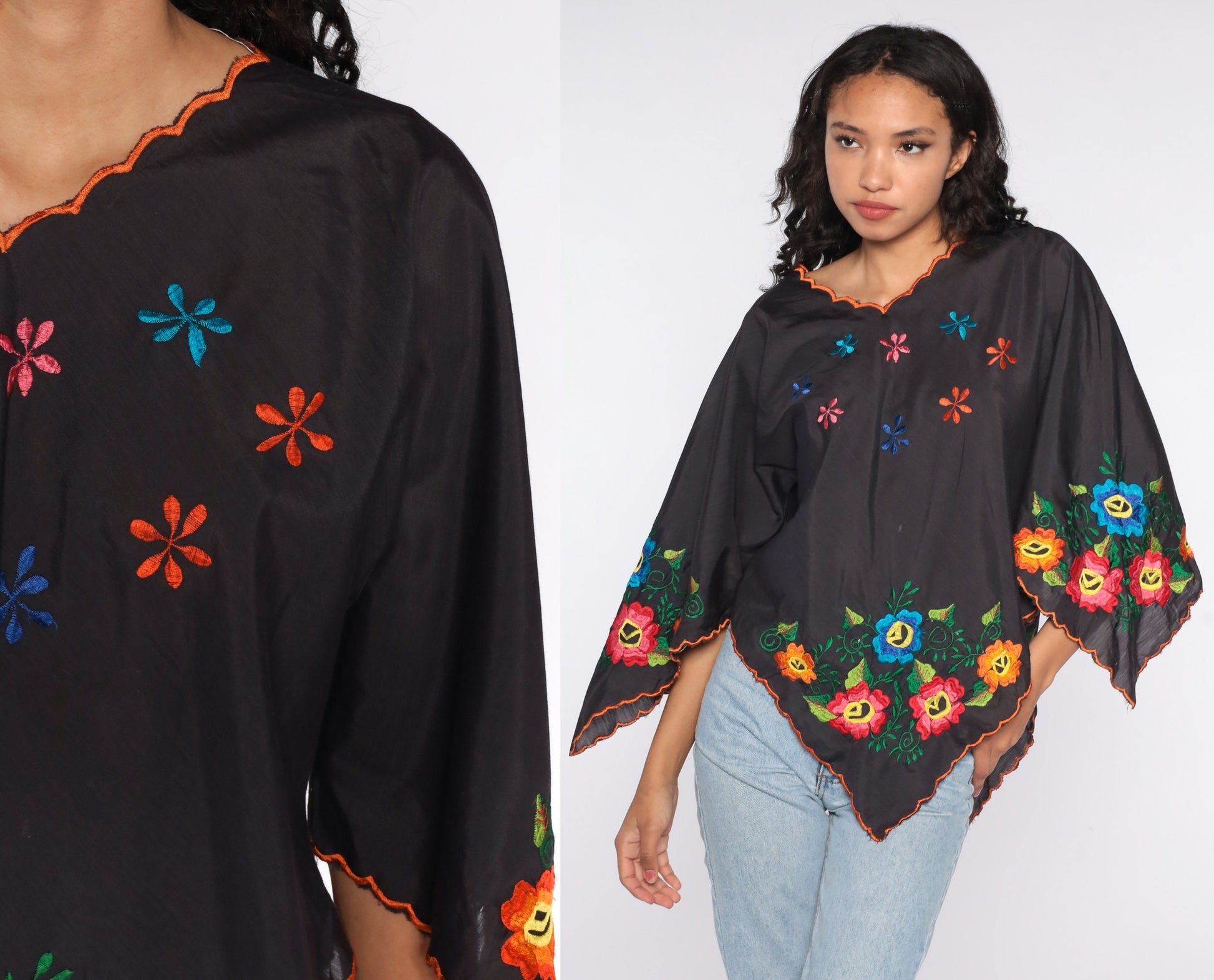 90s Black Floral Embroidered Bell Sleeve Tunic Top Small Medium
