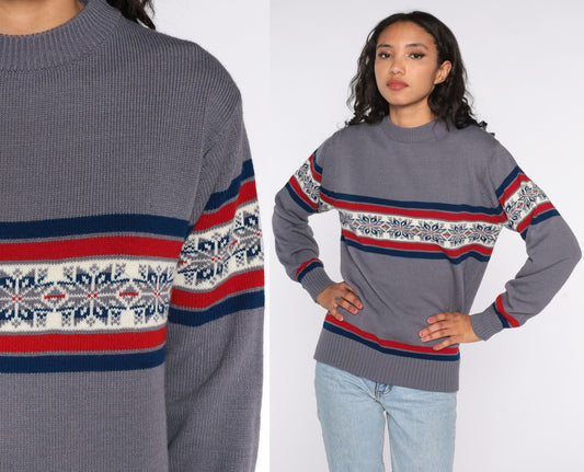 80s Nordic Snowflake Sweater Grey Geometric Fair Isle Knit Large