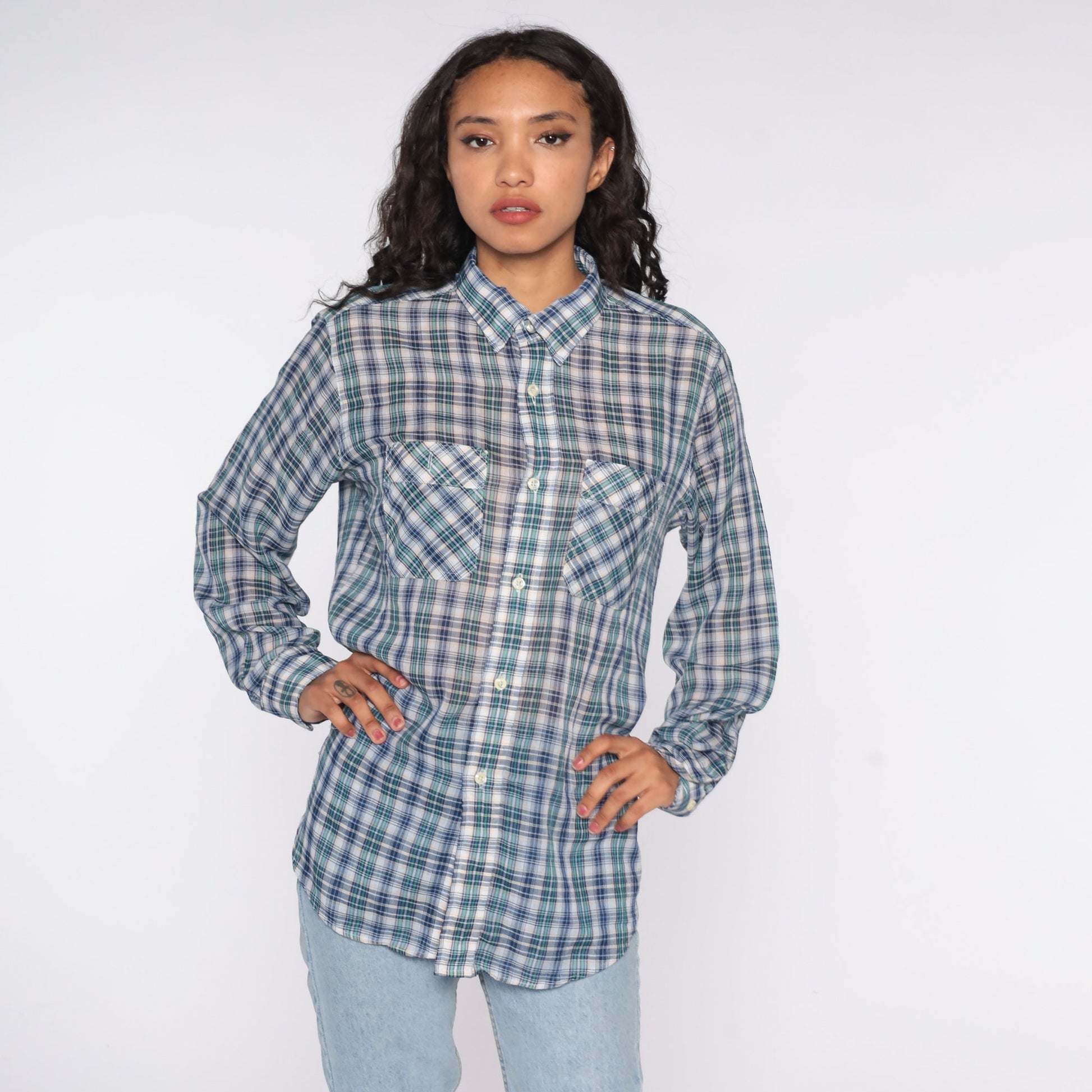 80s Blue Plaid Button Up Shirt Cotton Blend Distressed Large
