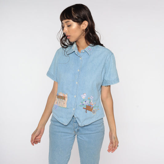 90s Bill Blass Floral Embroidered Denim Shirt Blue Cotton Button Down Medium